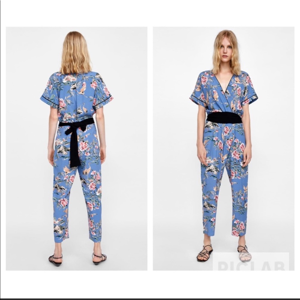 NWT Zara Blue Floral Belted Jumpsuit